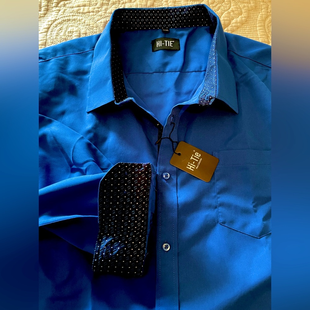 Hi-Tie Mens Royal Blue Button Down Dress Shirt